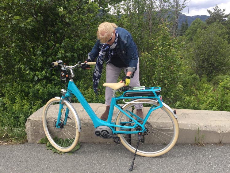 Maggie examining her new Cube Elly Ride 400 Hybrid ebike. The motor is just 250 W, but because it is a crank-drive motor, it works synergistically with the 10 Shimano Deore gears, so that she is able to get up the huge hills in our neighborhood 
