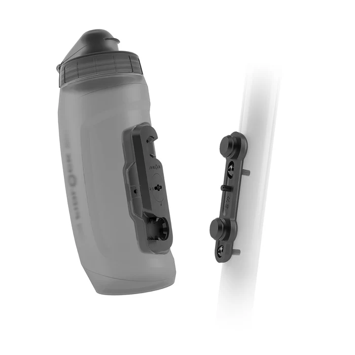 Gray sports water bottle with a black screw-on cap beside a detachable bike bottle cage mount attachment.